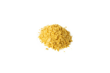Savoury vegan yeast flakes heap isolated on white background.