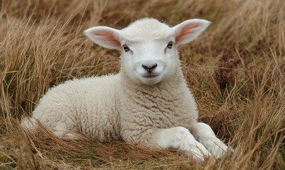 Obraz premium Lamb resting in the grass during lambing season, capturing the peaceful and gentle nature of springtime, Generative AI