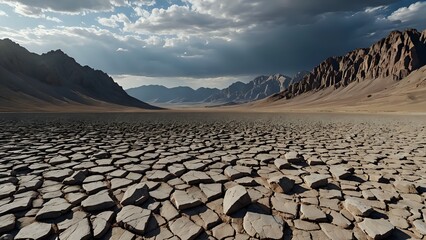 Dramatic landscape of cracked earth in a desert valley, under a cloudy sky, with majestic mountains in the background.  A powerful image representing drought and aridity.
