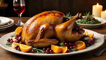 Roasted turkey garnished with cranberries, oranges, and rosemary, beautifully presented on a platter for a festive Thanksgiving or Christmas dinner.