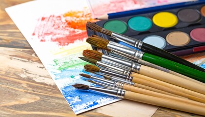 Obraz premium A collection of artist's paintbrushes and a watercolor paint set on a wooden surface with a colorful swatch.