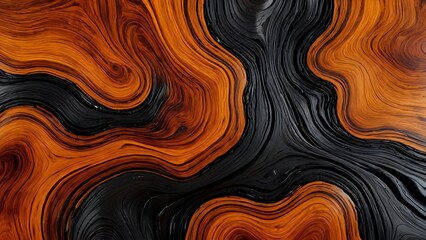 Abstract swirling wood grain texture in rich orange and black tones. Perfect for backgrounds, design projects, or artistic applications.
