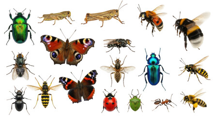 A diverse collection of insects isolated on a transparent background