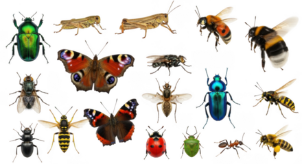 A diverse collection of insects isolated on a transparent background