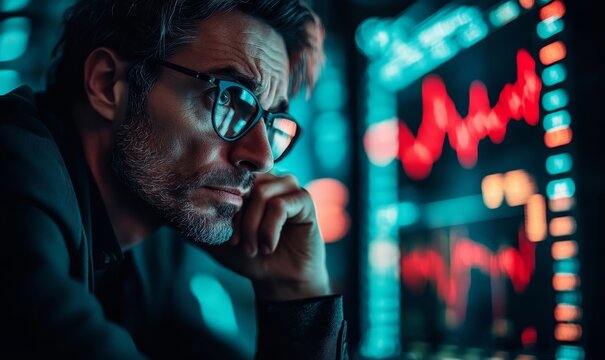 Anxious investor during a financial crisis, capturing the stress and uncertainty of a stock market crash, Generative AI