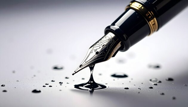 Elegant fountain pen nib dripping a single drop of black ink onto a reflective white paper.