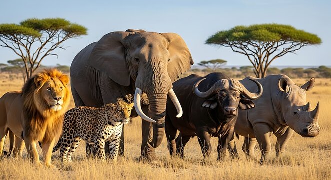 African Big Five animals together in savannah landscape with lion, leopard, elephant, buffalo and rhinoceros under acacia trees
