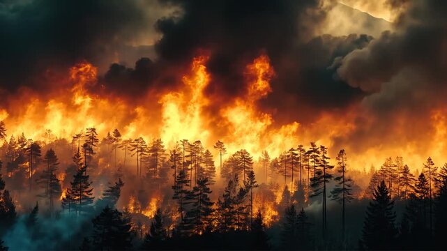 Forest fire engulfing trees