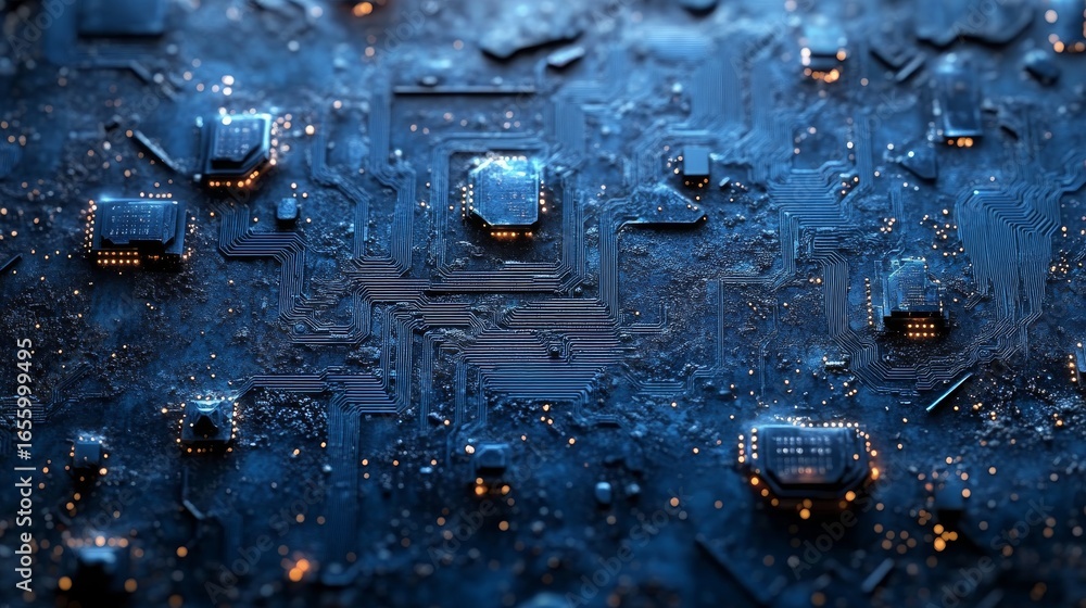 Poster a mesmerizing close-up of an illuminated dark blue circuit board, a complex digital network with glo