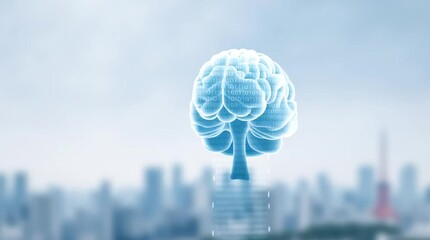 Digital brain with binary code floating over cityscape symbolizing artificial intelligence futuristic technology innovation concept and innovation - Powered by Adobe