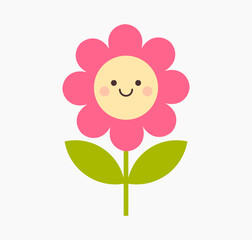 Fototapeta premium Cute smiling flower icon. Simple flower flat design element. Vector illustration.
