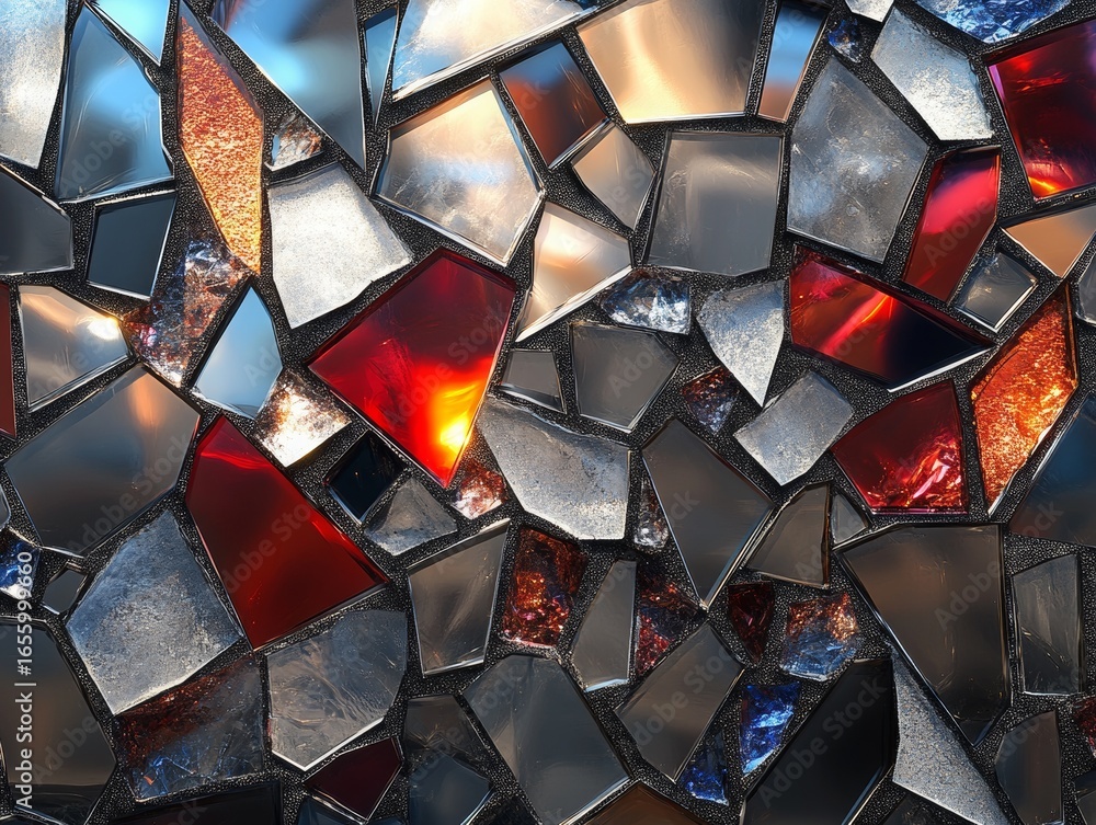 Poster dynamic fractured mosaic of reflective glass shards and metallic fragments, creating an abstract, lu