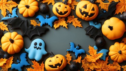 Autumn Display of Jack-O -Lantern Cookies, Colorful Leaves, and Decorative Pumpkins on Gray