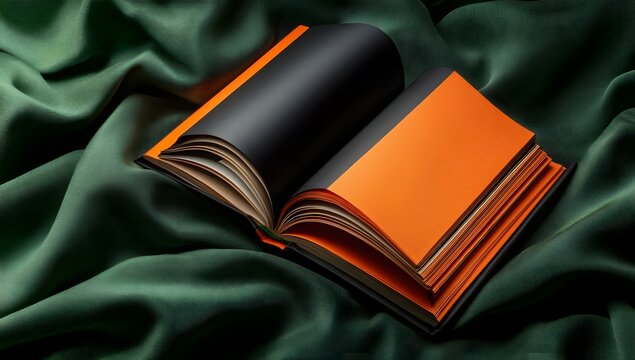 Black open book with orange cover lying on textured soft green cloth.