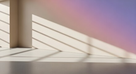 Sunlight filtering through blinds casts striped shadows across a pale wall and floor bathed in a gradient of pink and purple light creating a serene and abstract atmosphere