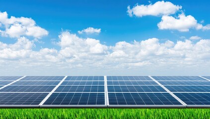 Solar panels on a grassy field under a partly cloudy blue sky