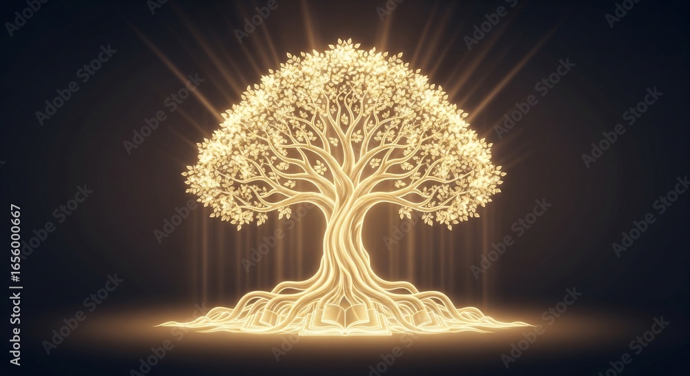 Poster glowing tree of knowledge illustration with open books at roots.