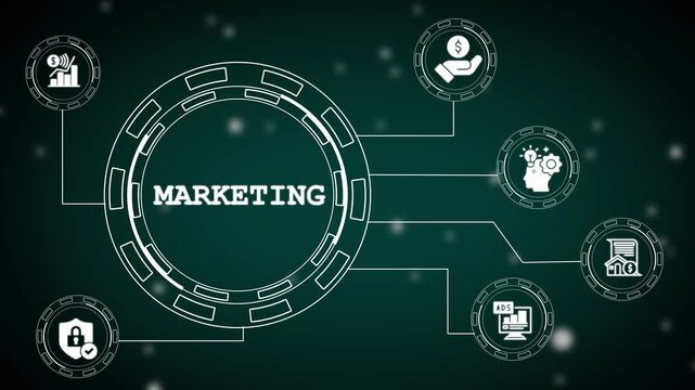 marketing infographic with advertising, finance, and analytics,modern marketing ecosystem and business development animation,digital marketing strategy and advertising concept animation.