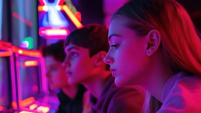Teenagers Playing Arcade Games Neon Lights 4K
