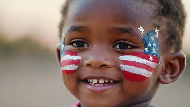 Smiling child with American flag face paint and glitter stars on cheeks celebrating patriotism and national holiday outdoors