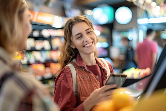 Cashier smiling as customer makes mobile phone payment at checkout counter