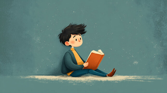 Animated cartoon sitting while reading with a blue background - Powered by Adobe