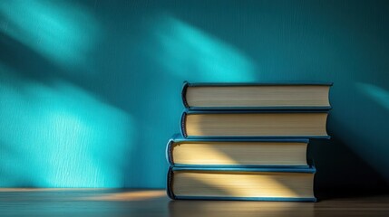 Organized school books neatly stacked on a wooden desk, representing focused study.