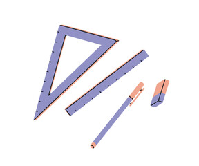 School supplies with rulers, pen and eraser
