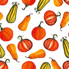 seamless pattern of watercolor pumpkins on white background, hand painted illustration elements