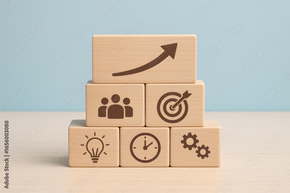 Poster ascending blocks of progress: a visual metaphor of upward momentum and achieving goals, crafted with