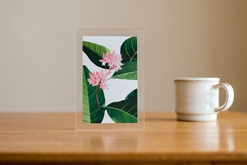 Modern acrylic block display featuring pink flowers and green leaves
