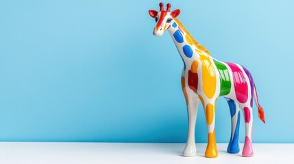 Artistic giraffe sculpture with smooth lines and cascading colorful paints on white