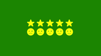Five star rating with smiley faces on green background
