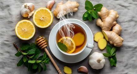 A comforting cup of steamed tea infused with fresh lemon, potent ginger, aromatic garlic, and refreshing mint leaves, ideal for boosting immunity and promoting natural wellness