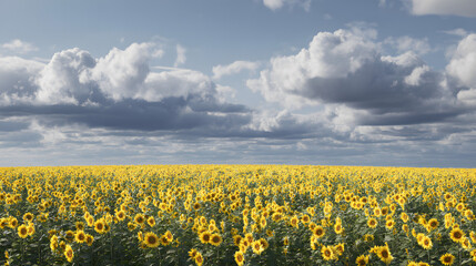 Fototapeta premium Endless sunflower field under a dramatic sky filled with clouds, showcasing nature's beauty and the cycle of life in agriculture.