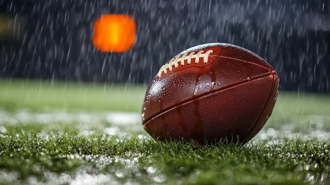 Close Up Of American Football On Wet Grass In Rain 4K
