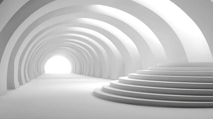 Obraz premium Abstract white tunnel with circular architecture and steps leading to a bright exit