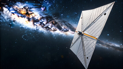 AI-Controlled Solar Sail Unfolds in Space. Distant Stars in Background.