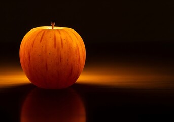 Orange Apple with Stem on Reflective Surface