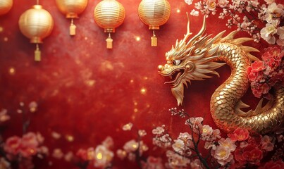 Fototapeta premium Lunar New Year celebration, depicting a golden dragon surrounded by flowers and lanterns, capturing the Year of the Dragon in a vibrant red setting, Generative AI