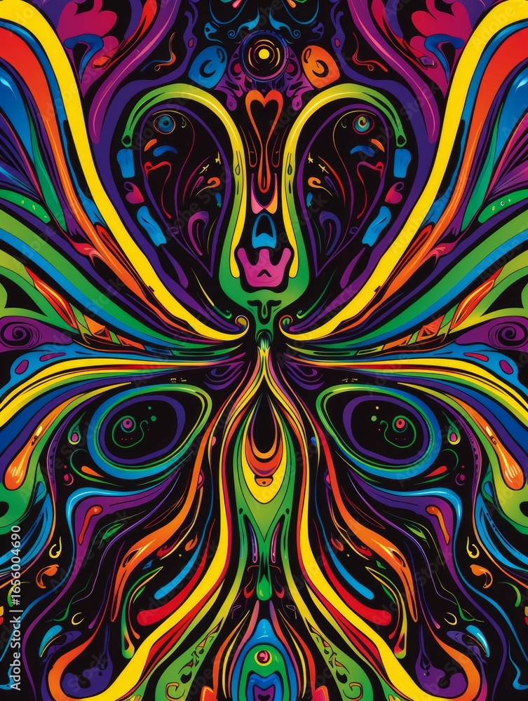 Poster the image showcases an abstract, psychedelic design with intricate patterns and bold shapes