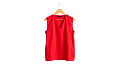 Vibrant scarlet sleeveless shirt elegantly displayed on a minimalist hanger against a stark setting isolated on solid white background