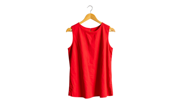 Vibrant scarlet sleeveless shirt elegantly displayed on a minimalist hanger against a stark setting isolated on solid white background Png form - Powered by Adobe