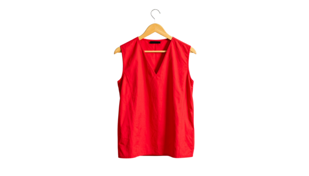 Vibrant scarlet sleeveless shirt elegantly displayed on a minimalist hanger against a stark setting isolated on solid white background - Powered by Adobe