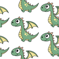 Obraz premium Cute green cartoon dragons with yellow wings on white background vector