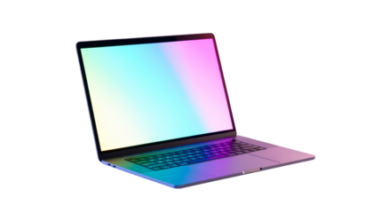 Stylish gaming laptop with colourful backlit keyboard, isolated