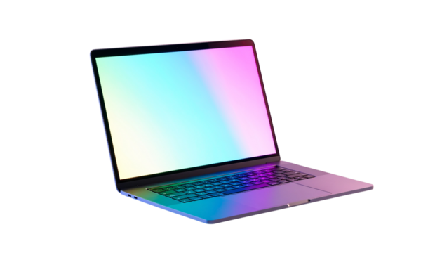 Stylish gaming laptop with colourful backlit keyboard, isolated