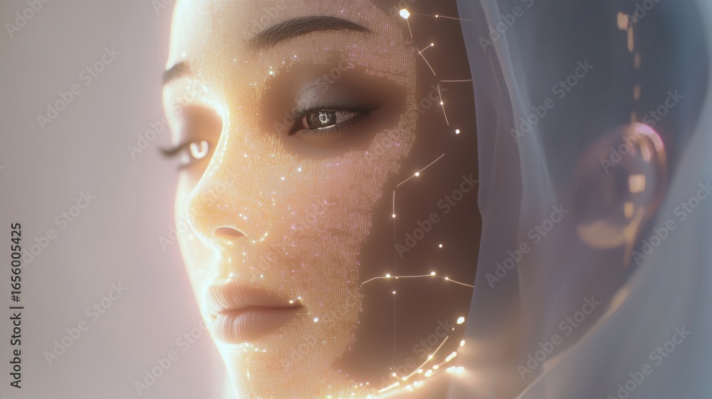Aufkleber digital portrait of an artificial intelligence character with glowing features in a soft, ethereal s