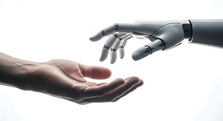 Fototapeta premium Human and robot hands connecting in a symbolic gesture of partnership between humanity and artificial intelligence on a white background.