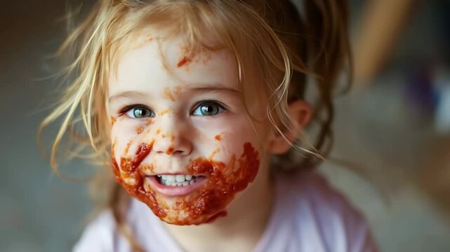 Cute Little Girl with Messy Face Covered in Sauce Smiling 4K
